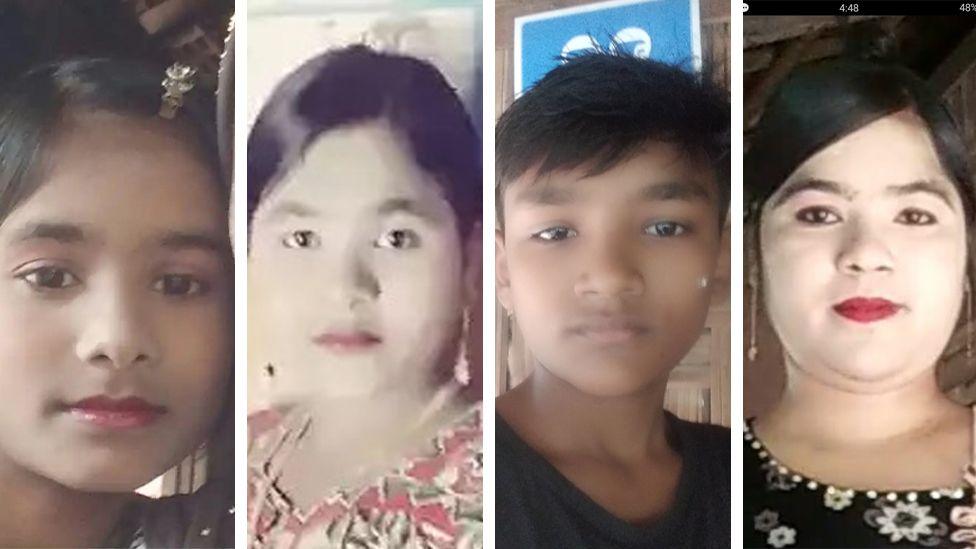 The faces of the family who drowned as a split image, showing close ups of two women and a girl and a boy.  