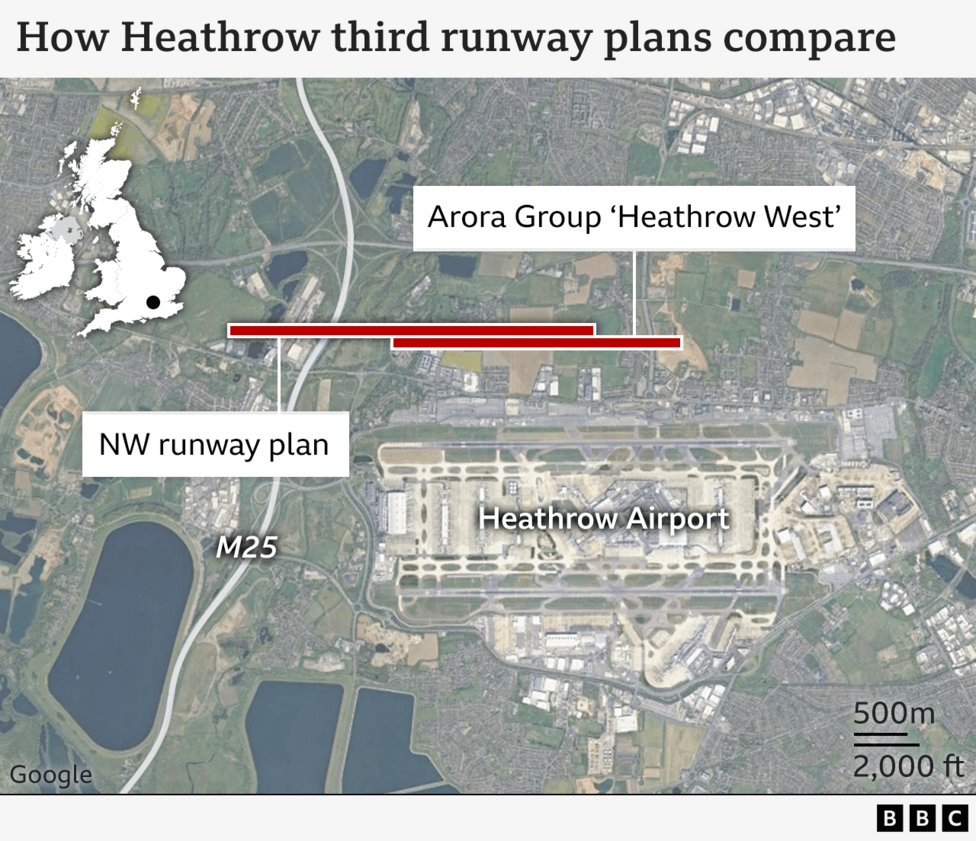 A map of proposals for expanding Heathrow Airport