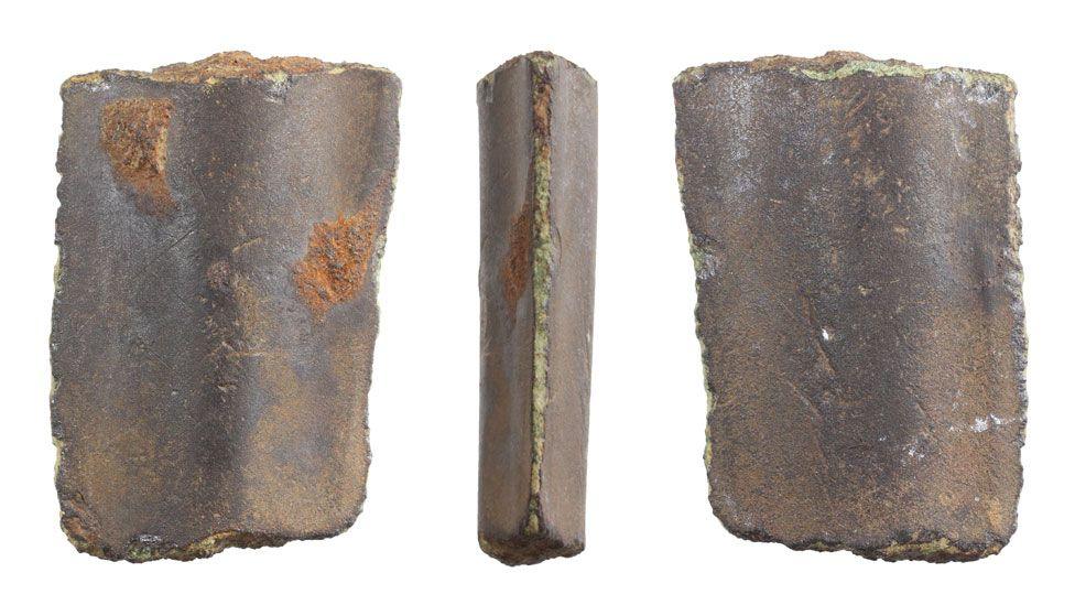 Three views of a broken of section of bronze sword blade. On the left is across the width of the sword with a raised central ridge running from top to bottom; in the middle is the edge of the blade, flaring out slightly on either side; on the right is the flatter back of the sword blade.