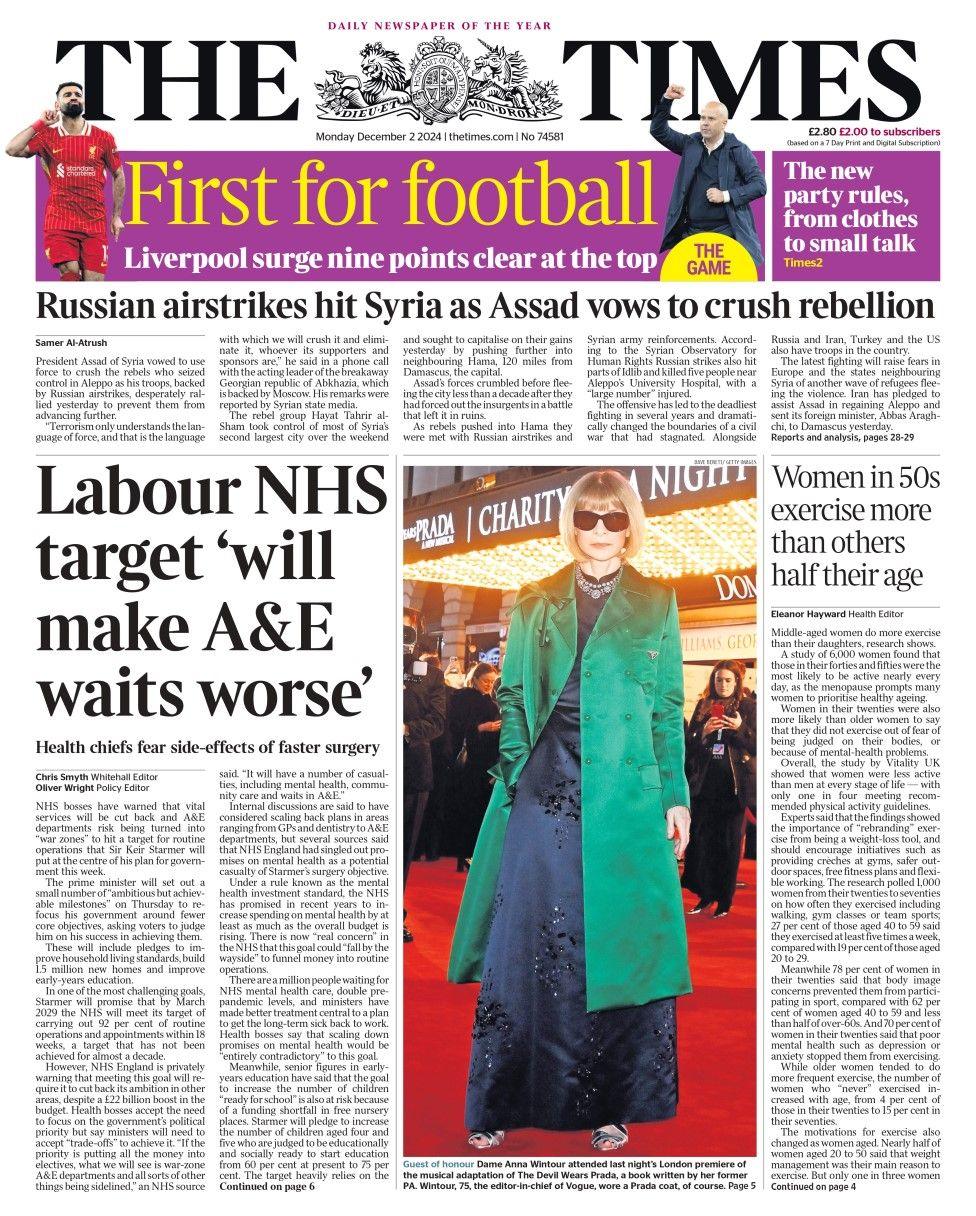 The headline in the Times reads: Labour NHS target will make A&E waits worse