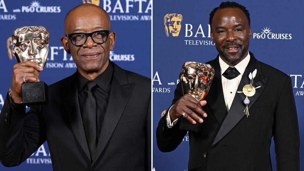 Lennie James and Ariyon Bakare pose with their awards inside the Winners Room at the 2025 BAFTA Television Awards with P&O Cruises at The Royal Festival Hall on May 11, 2025 in London, England