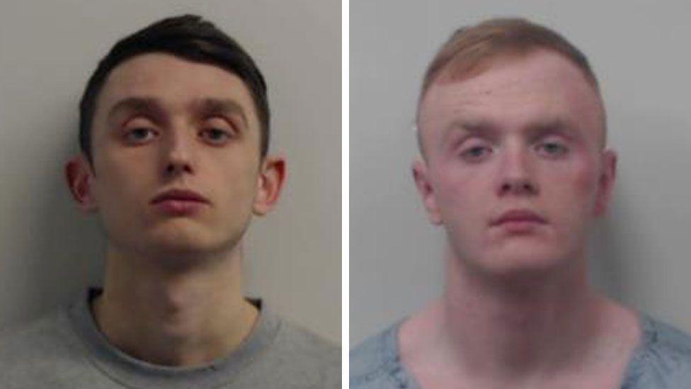 Mugshots of Jack Benson and Brendan Balloch. Benson has short dark hair while Balloch has short red hair. Both wear grey tops and have neutral expressions.