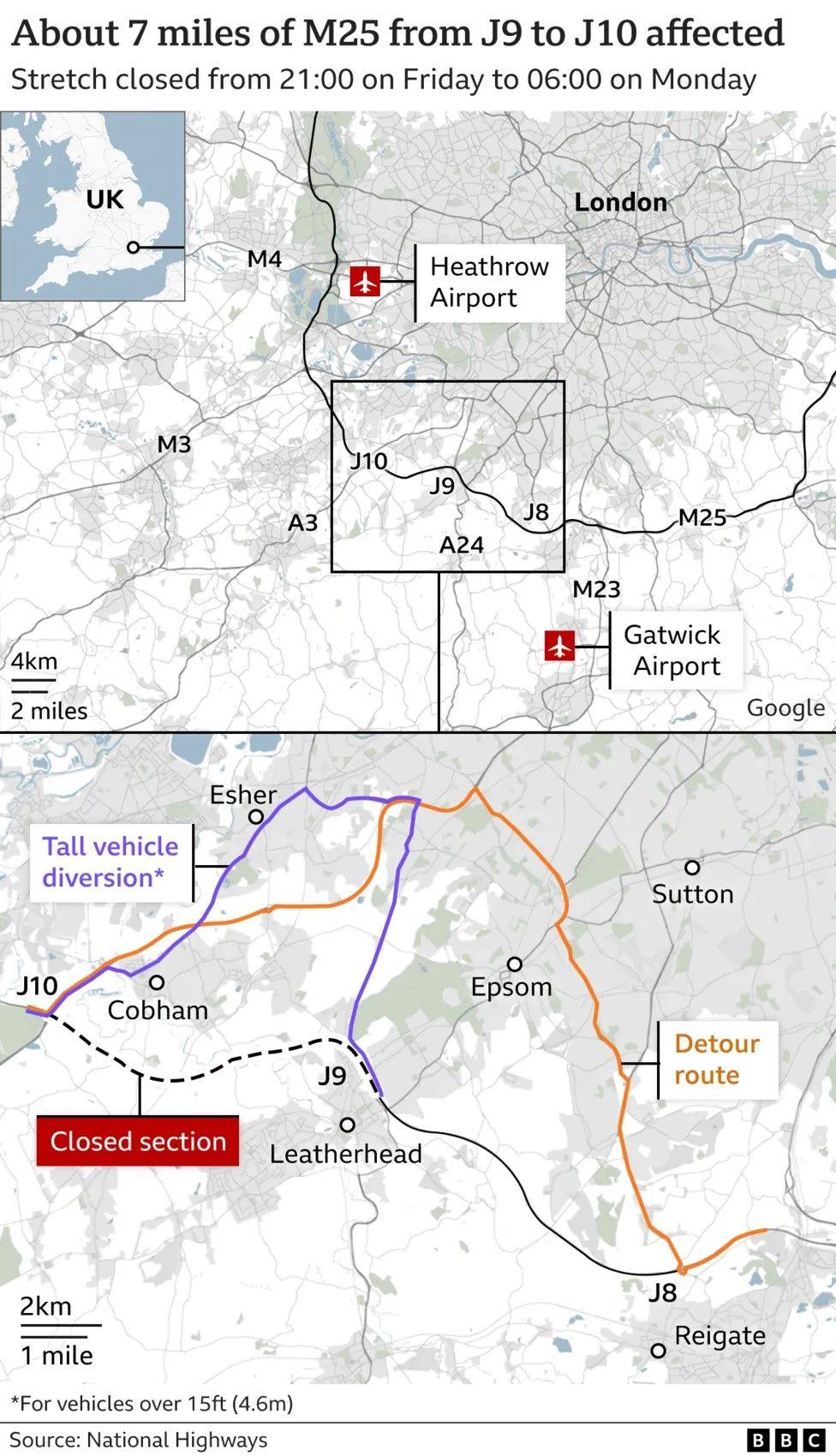 A map showing where the closures and diversions are