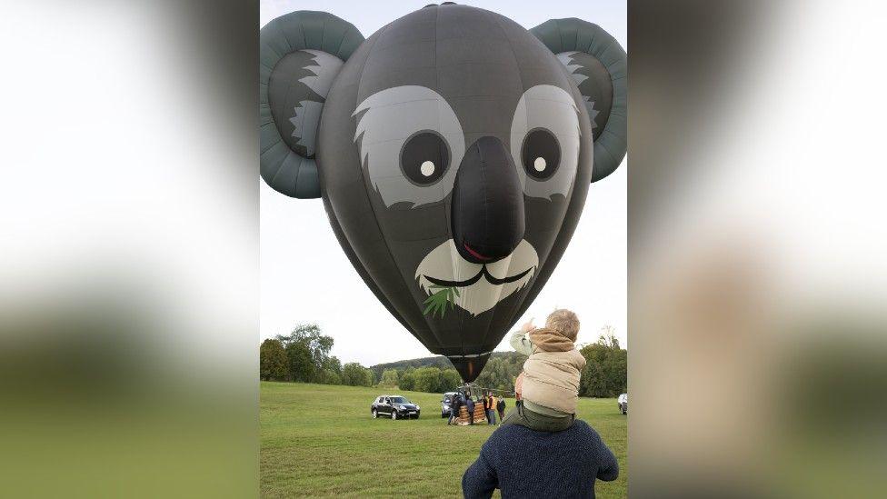 A kola shaped hot air balloon in a field. In the foreground is the back of a man with a small boy on his shoulders. 