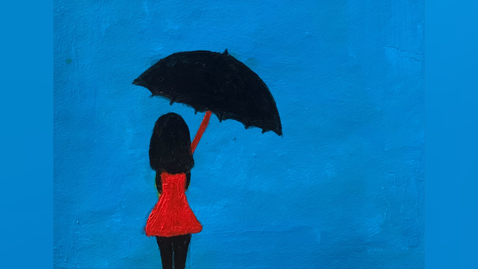 A painting by Marie depicting a girl or woman from behind in a red dress sheltering under a black umbrella, with a bright blue background