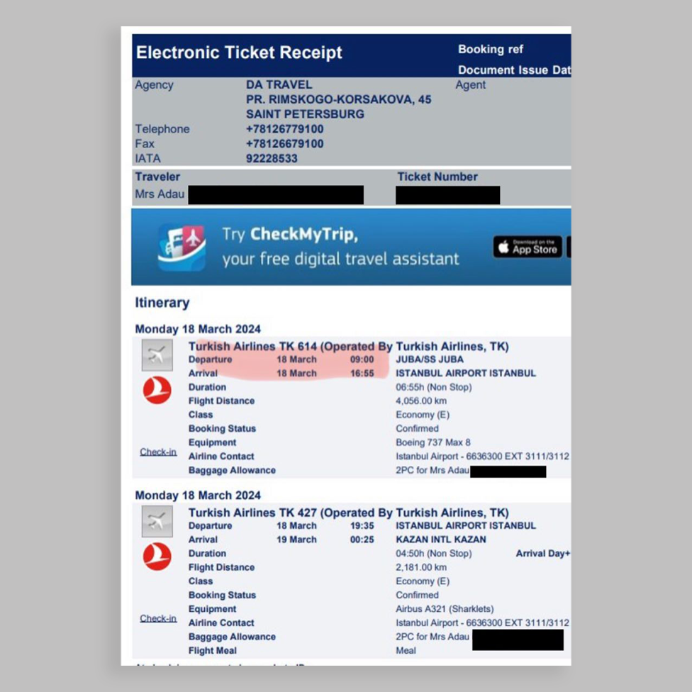  Screenshot of an online air ticket, showing a flight from Juba to Istanbul on 16 March
