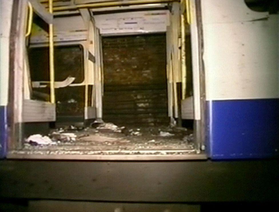 Wreckage and debris onboard a train at Edgware Road station, July 7th 2005 (7/7 Bombings - Coroners Inquest evidence)