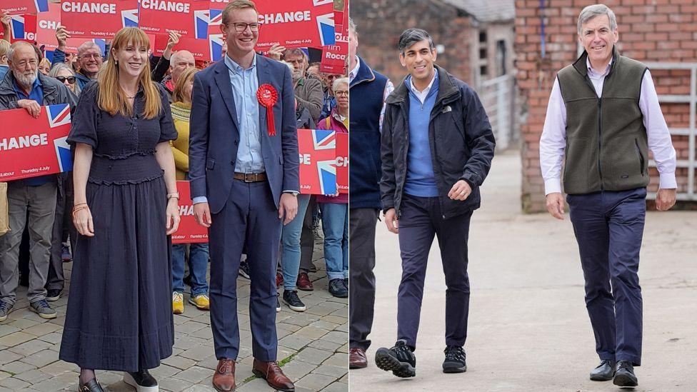 Angela Rayner with Labour candidate Tim Roca and Rishi Sunak with Conservative candidate David Rutley