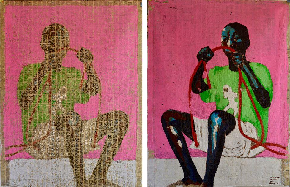 Medium: Acrylic on perforated newspaper. Mirrored paintings of a young man in a green T-shirt with a white money on it and white shorts sits on a white step as he folds red rope. The background is pink