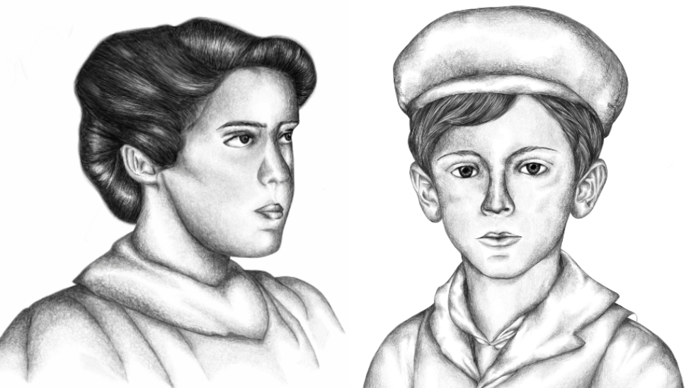 Two pencil drawings of Theresa Garnett, left, and Edmund Harris, right. Edmund is wearing a cap, and both are dressed in Victorian clothing