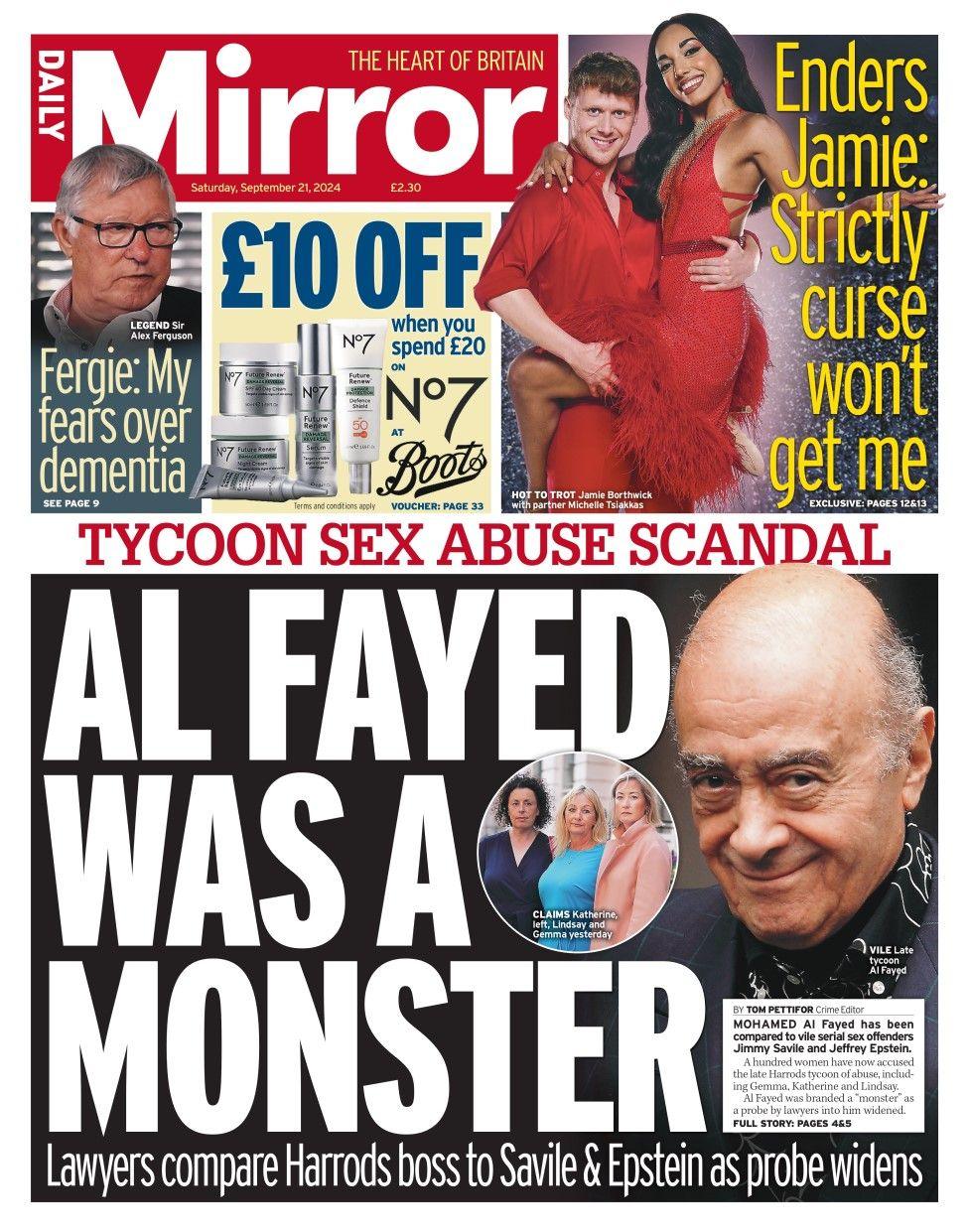 The Mirror headline reads: Al Fayed was a monster