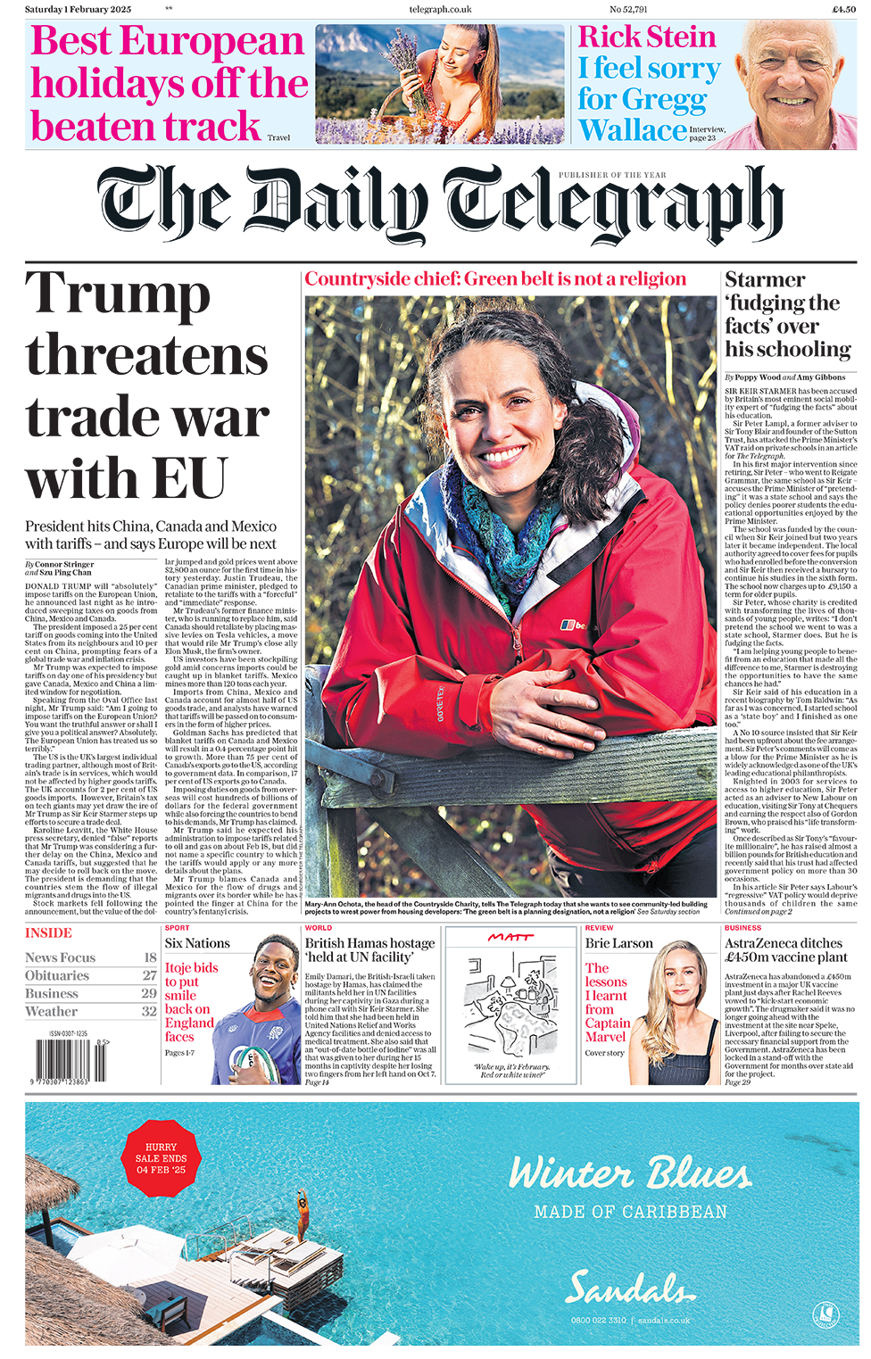 The headline in the Telegraph reads: "Trump threatens trade war with EU". 