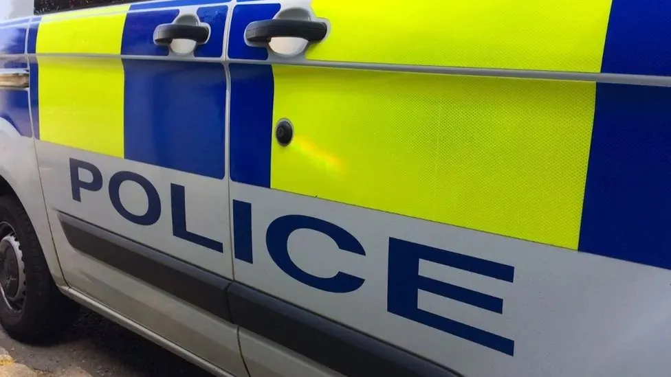 A close-up of the side of a police car with blue and yellow markings