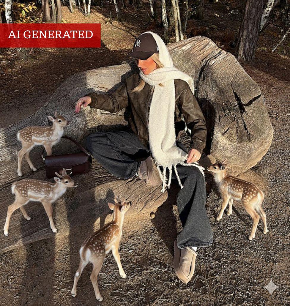 A woman wearing a cap and a scarf in a wooded area is sitting on a large tree trunk, she is posing next to two baby deer. The baby deer are AI generated.