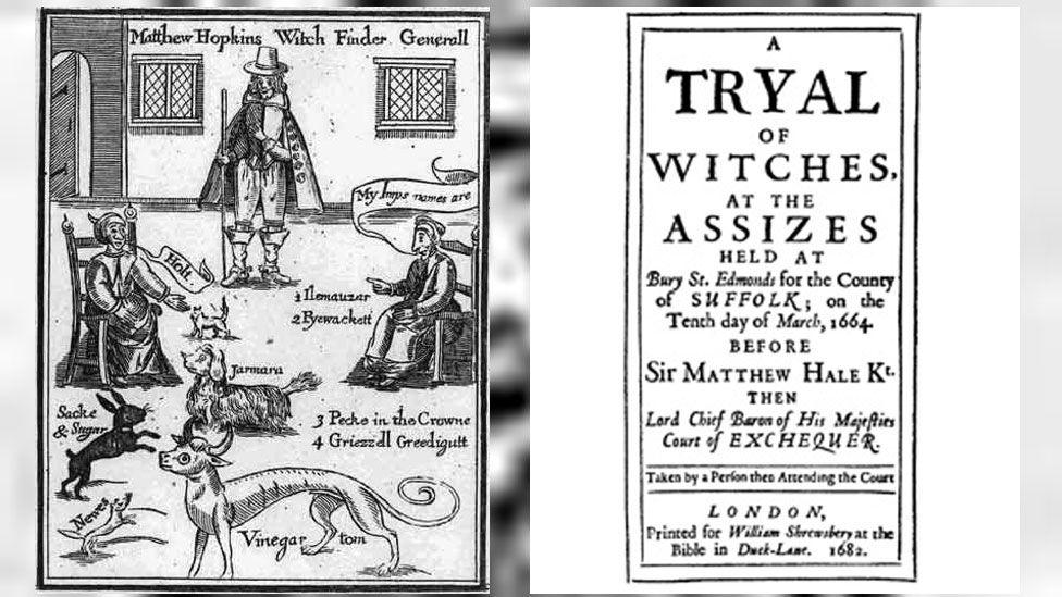 An ink drawing showing a witch trial, next to a poster giving notice of a "Tryal of witches at the assizes held at Bury St Edmunds"