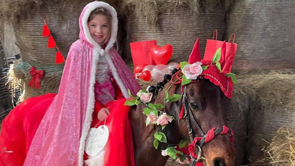 A picture of Evie smiling on a horse decorated for Galentine's day. Evie is wearing a pink cape and the horse is covered in pink accessories. 