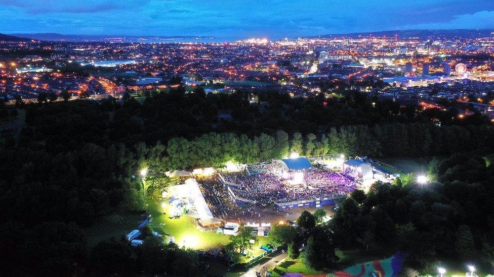 An overhead image of Féile an Phobail at night.