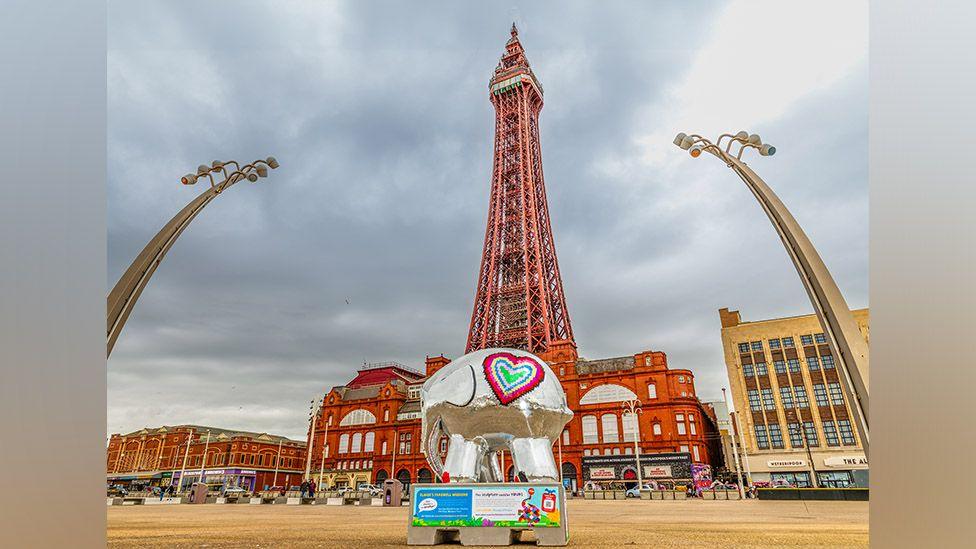 Mirrorball Elmer sculpture on Blackpool Promenade near the Tower