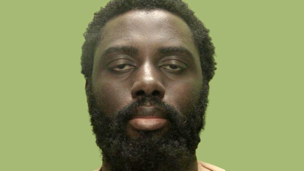 A police photo of Valdo Calocane, staring at the camera with half -closed eyes against a green background.