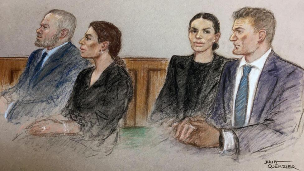 A courtroom sketch during the 2022 Wagatha Christie case, featuring [L-R] Wayne and Coleen Rooney plus Rebekah and Jamie Vardy