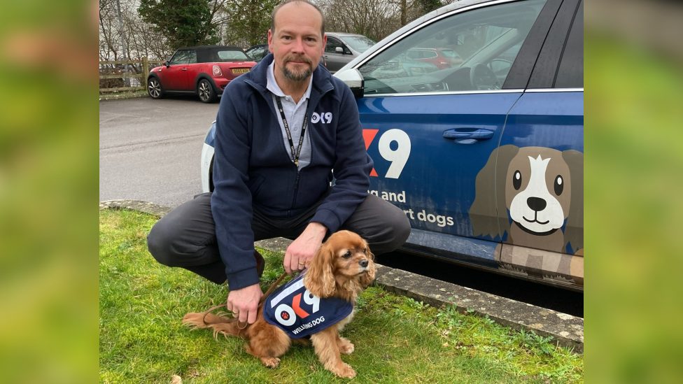 A man wearing a navy fleece jumper with 'OK9' on it bends down to stroke a Cavalier King Charles Spaniel, wearing an 'OK9 dog coat.' 