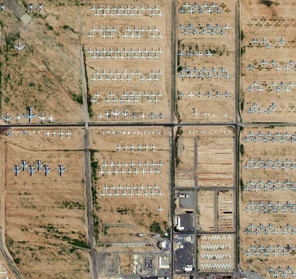 Aircraft parked at the Davis-Monthan Air Force Boneyard in Arizona