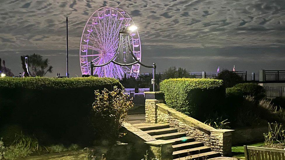 A night time view of Clacton-on-Sea. The mackerel sky is grey with white clouds. Beneath it is a big wheel which is lit up in pink. In front is a garden with steps up to the road in between box hedges.