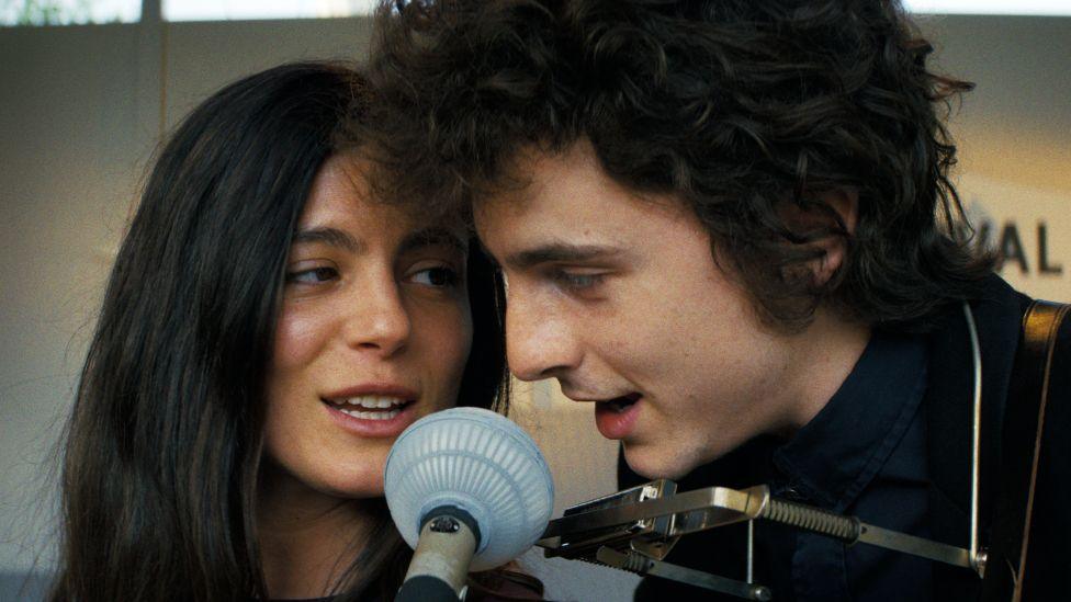 Monica Barbaro and Timothee Chalamet in A Complete Unknown