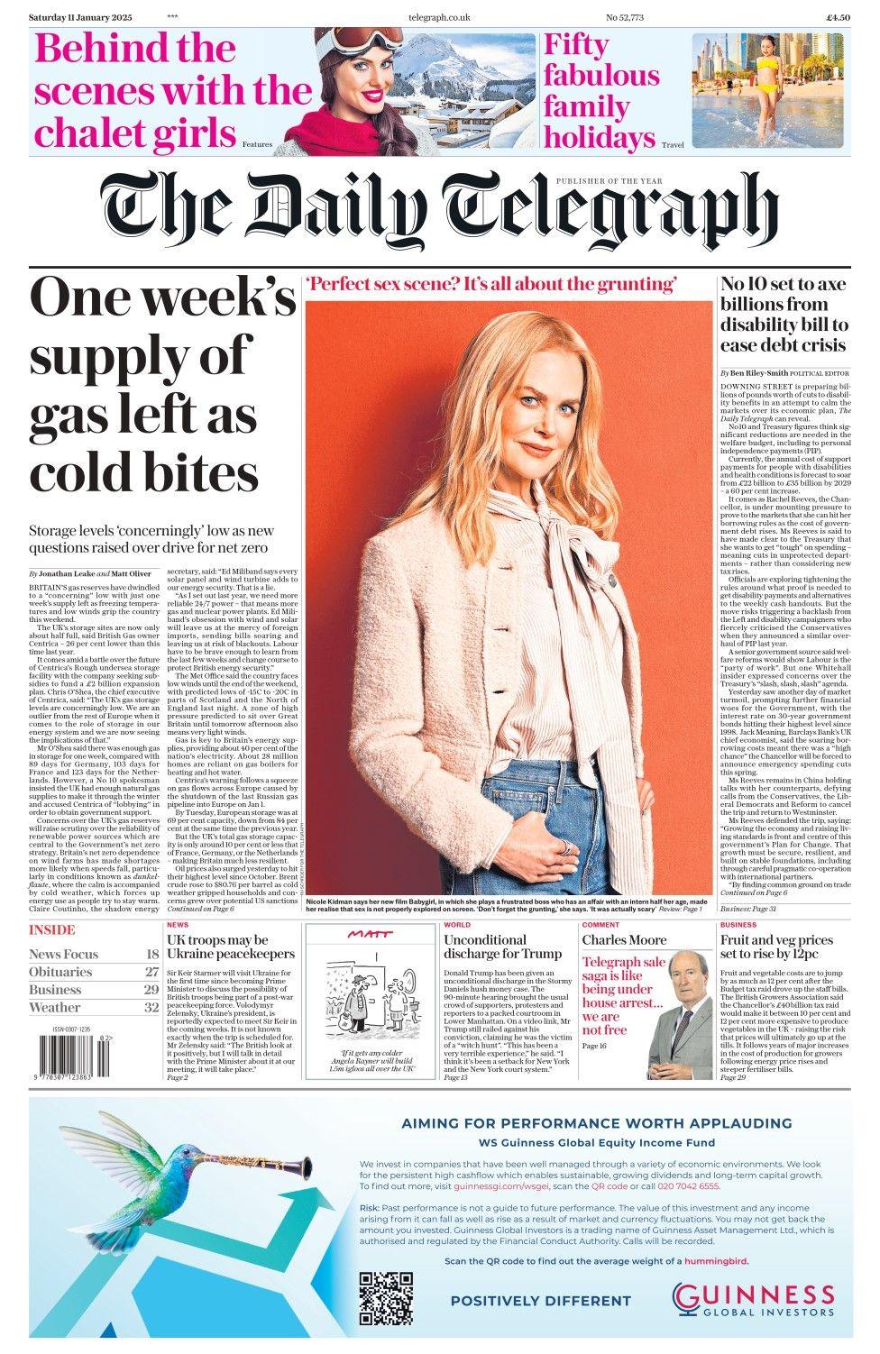 The headline in the Daily Telegraph reads: One week's supply of gas left as cold bites