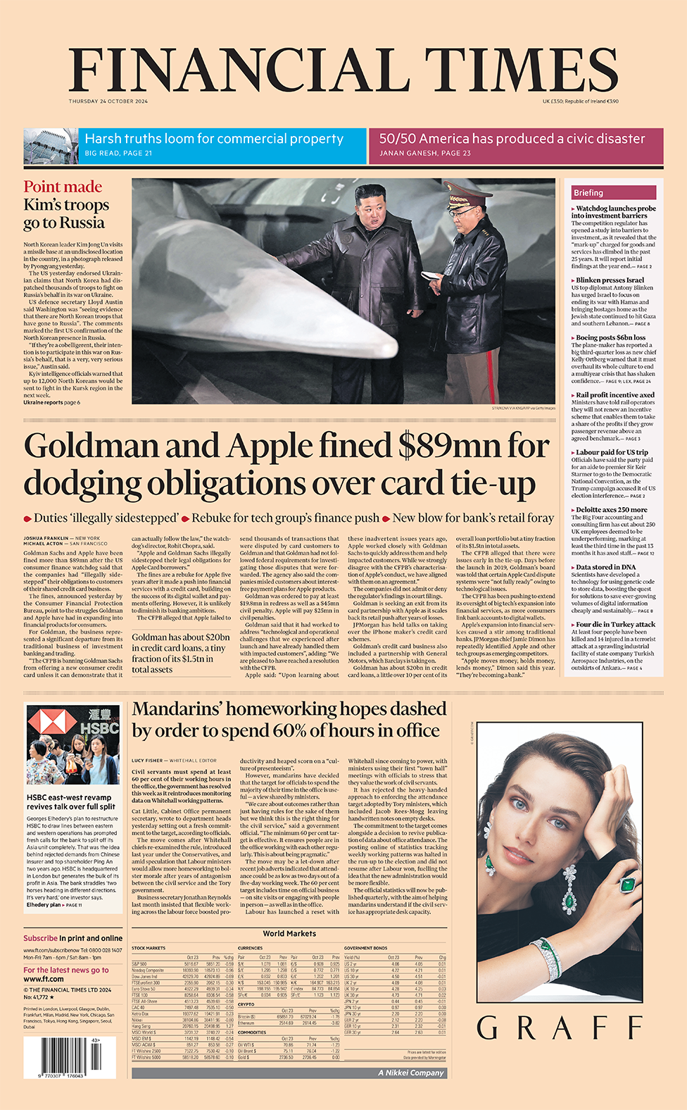 The headline in the Financial Times reads: "Goldman and Apple fined $89m for dodging obligations over card tie-up". 