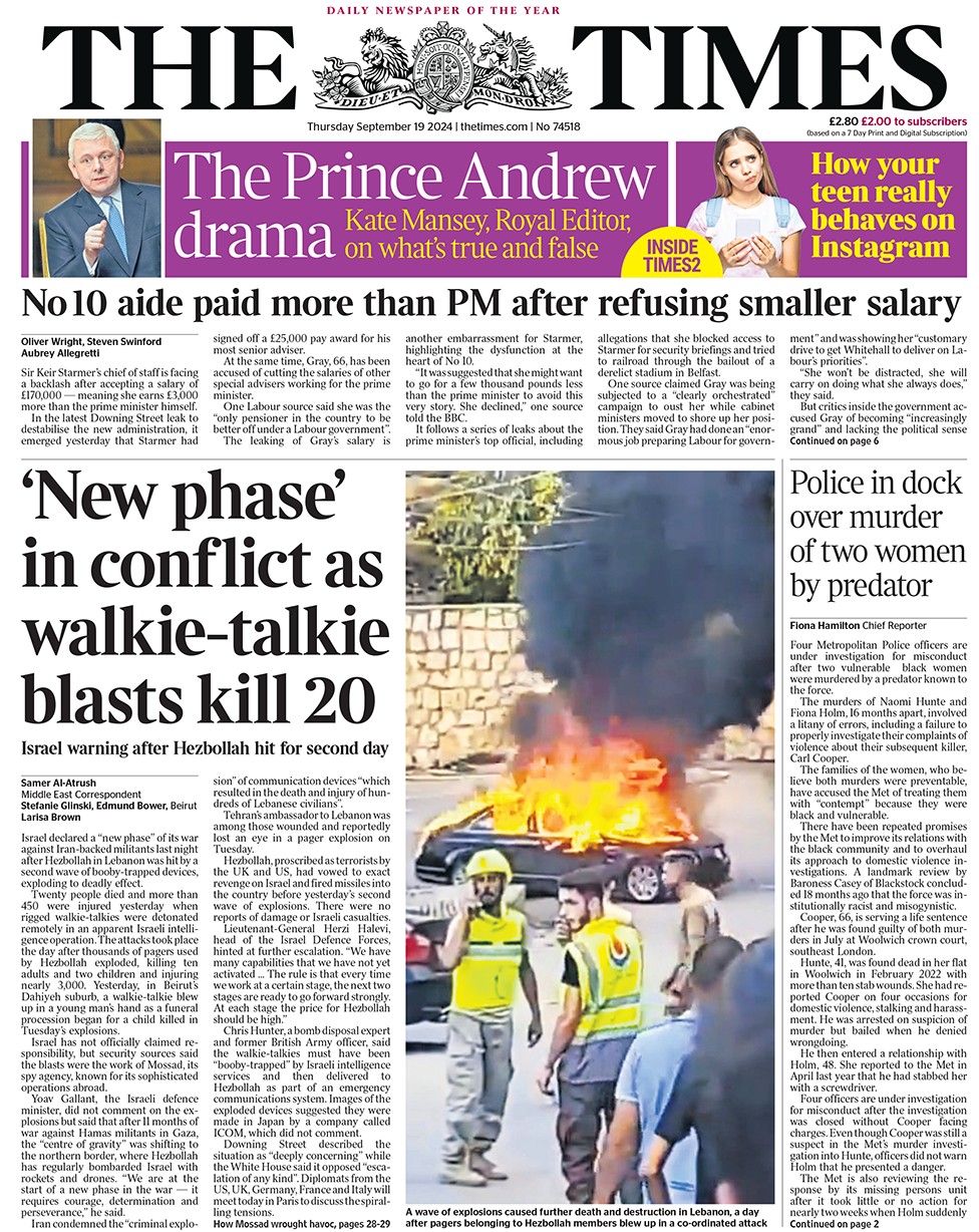 The Times headline says "'New phase' in conflict as walkie-talkie blasts kill 20"