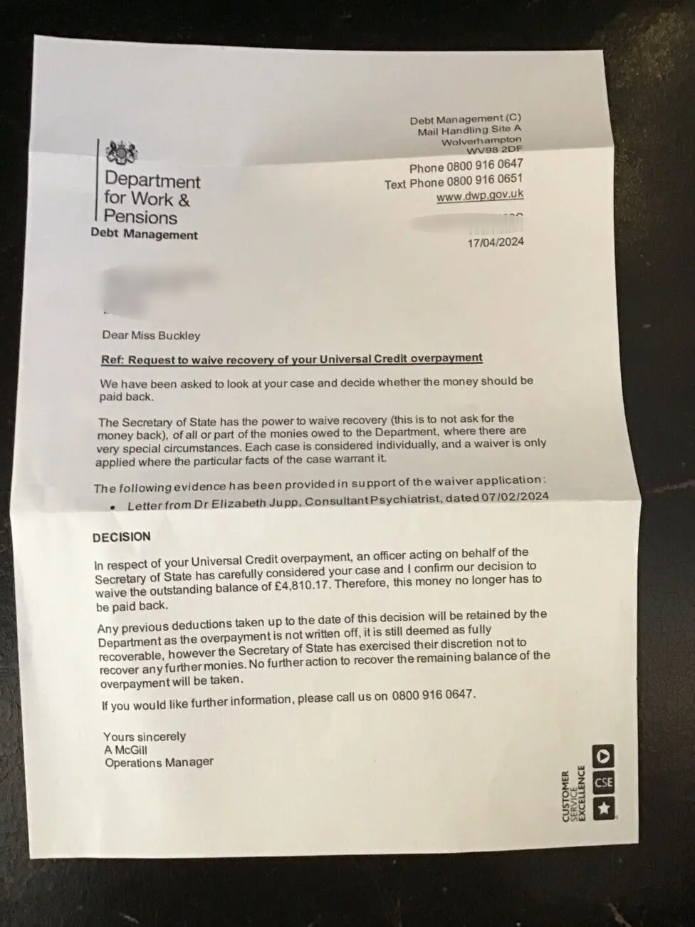 A letter sent to Yvonne Buckley from the Department for Work and Pensions. The writing is too small to make out, but the DWP's logo can clearly be seen in the top left corner.