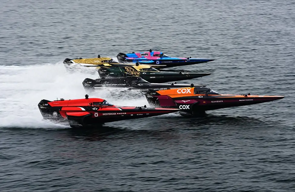 Six all-electric powerboats battle for the lead in the E1 Series race in Jeddah, Saudi Arabia. Photo by Malcolm Griffiths