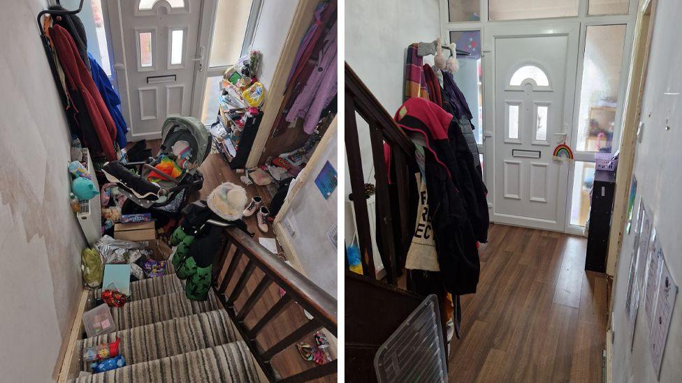 A before and after of Kirstie's hallway, the left hand photo shows the stairs covered in clutter and mess