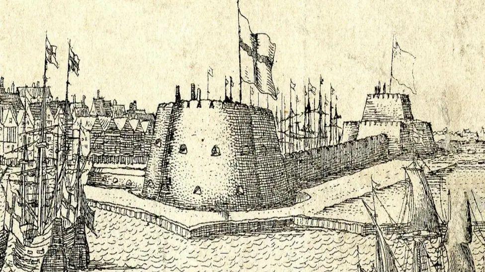 A drawing of The South Blockhouse. A round tower can be seen in the foreground with the English flag flying from it. There are also two ships in the picture. 