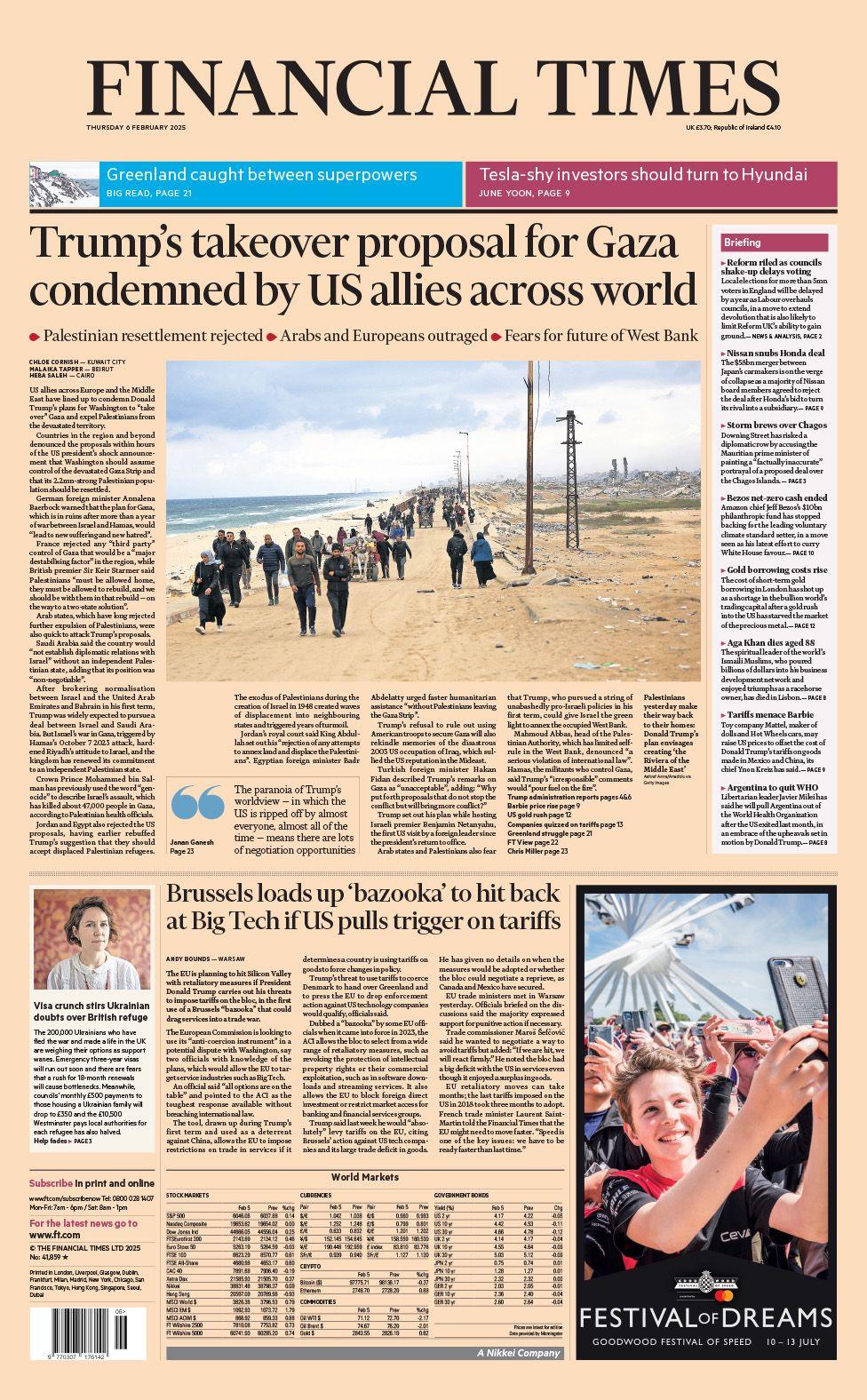 The Financial Times front page with headline Trump's takeover proposal for Gaza condemned by US allies across world