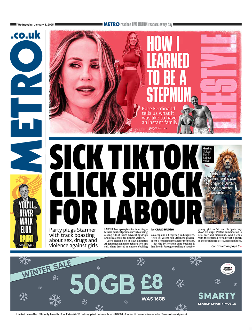 The headline in the Metro reads: "Sick TikTok click shock for Labour". 