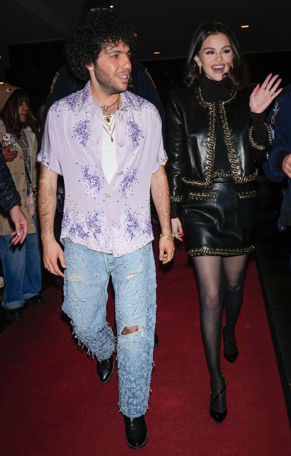 Benny Blanco (L) and Selena Gomez are seen on March 20, 2025 in New York City. 