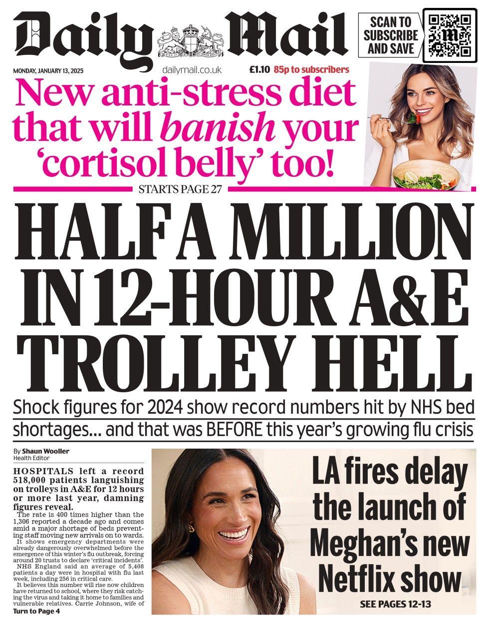 The headline in the Daily Mail reads: Half a million in 12-hour A&E trolley hell