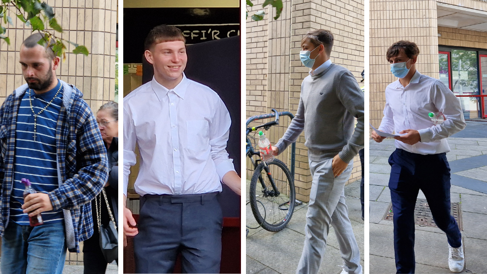 Connor O'Sullivan, Harvey James, Jaydan Baston and Jayden Westcott arriving outside Cardiff Magistrates' Court