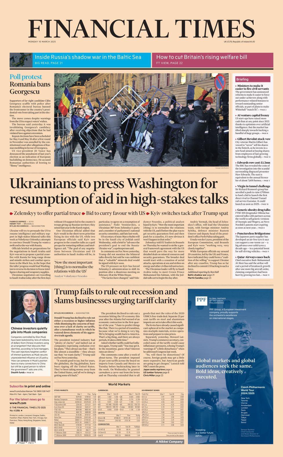 Front page of Financial Times for Monday 10 March 2025.