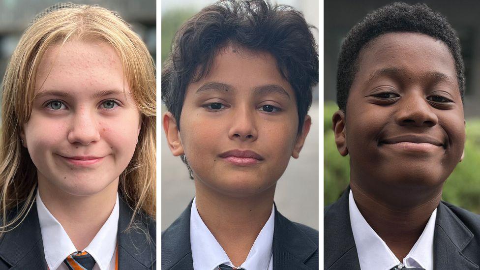 A composite image of three pupils - Savanna, Eros and Tyreese - looking and smiling at the camera in their school uniforms