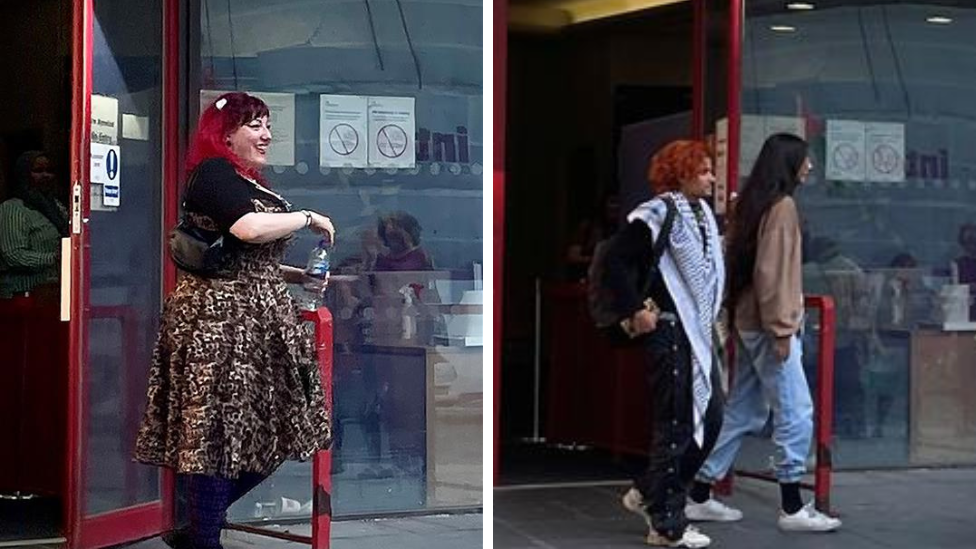 A composition photo. On the left there is Ayeshah Behit who has red hair, and is walking out of court. She has a leopard print dress on with a black t-shirt underneath and is holding a water bottle. On the right there is a photo of Hiba Ahmed, she is wearing blue jeans and a light brown jumper and has long black hair. Next to her is a person with orange hair and a black and white scarf with black trousers. 