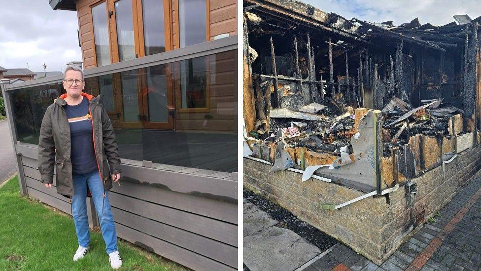 A composite image showing, on the left, a woman standing in front of her static caravan and, on the right, the fire-damaged interior of a mobile home