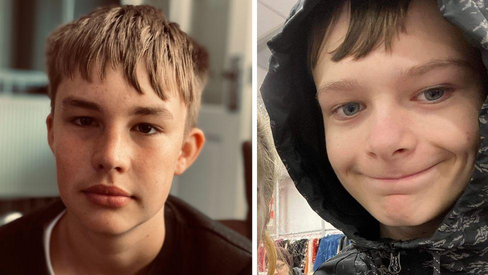 Max Dixon, 16, and Mason Rist, 15. They are both looking to camera. Max is wearing a black top, while Mason is in a coat with his hood up.