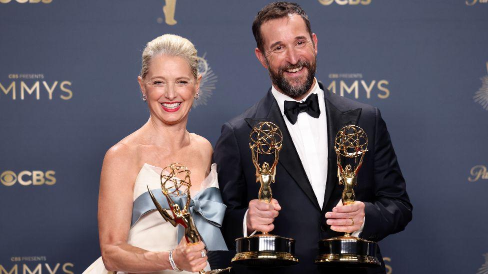 Katherine LaNasa and Noah Wyle, winners of Outstanding Supporting Actress in a Drama Series and Lead Actor in a Drama Series for "The Pitt," pose in the press room during the 77th Primetime Emmy Awards at Peacock Theater on September 14, 2025 in Los Angeles, California