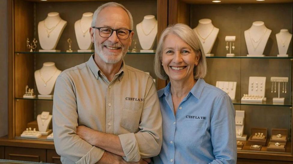 A man and a woman are smiling and standing in front of a counter filled with jewellery