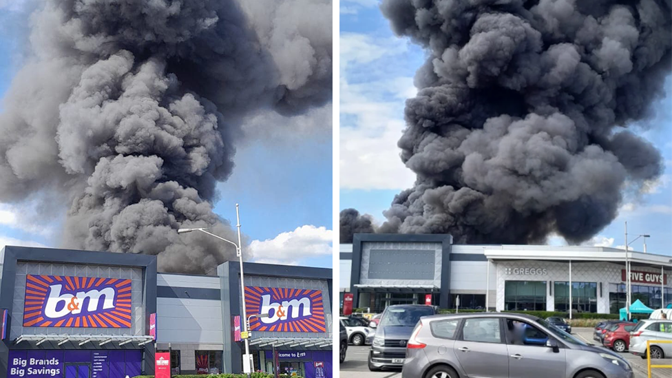 Two images: plumes of smoke behind a B&M store (left) and a Greggs and Five Guys (right)