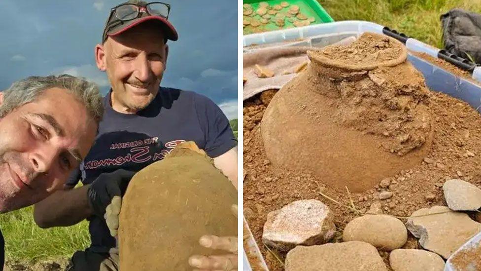 Detectorists holding clay pot and next to it another picture showing the top of a clay pot sticking out of an Ikea box surrounded by dirt and stones.