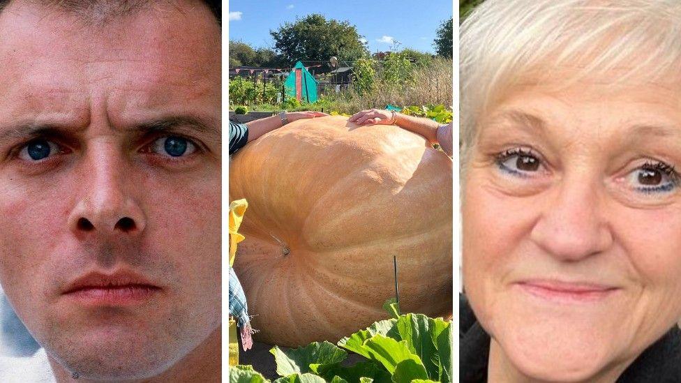 A photo of three objects - Rik Mayall, a giant pumpkin in a field and a blonde-haired smiling woman